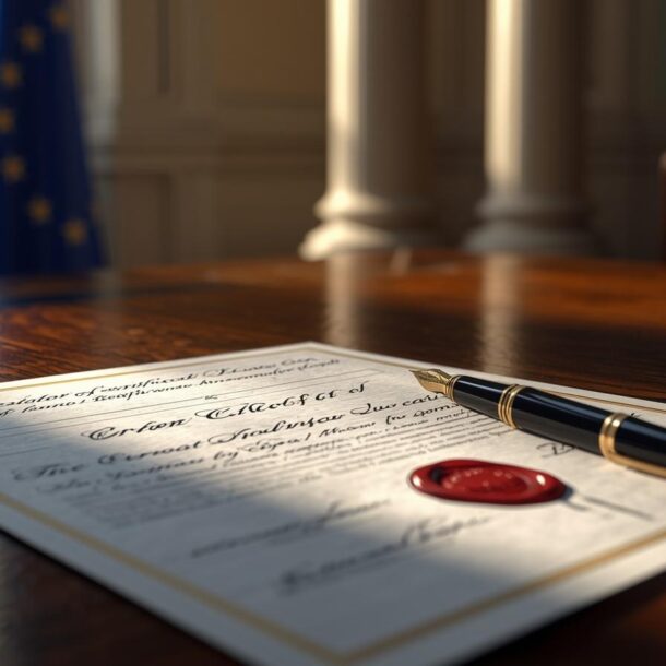 Cinematic legal scene, official European certificate document on elegant wooden desk, fountain pen and wax seal, subtle European Union flag in background, courthouse columns softly blurred, natural daylight with dramatic s