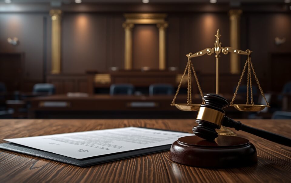 Αίθουσα ποινικού δικαστηρίου με νομικά έγγραφα και δικαστική απόφαση σε πρώτο πλάνο