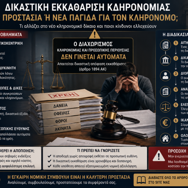 Δικαστική εκκαθάριση κληρονομίας με φακέλους χρεών, δικαστική σφραγίδα και κληρονόμο μπροστά σε δικαστήριο