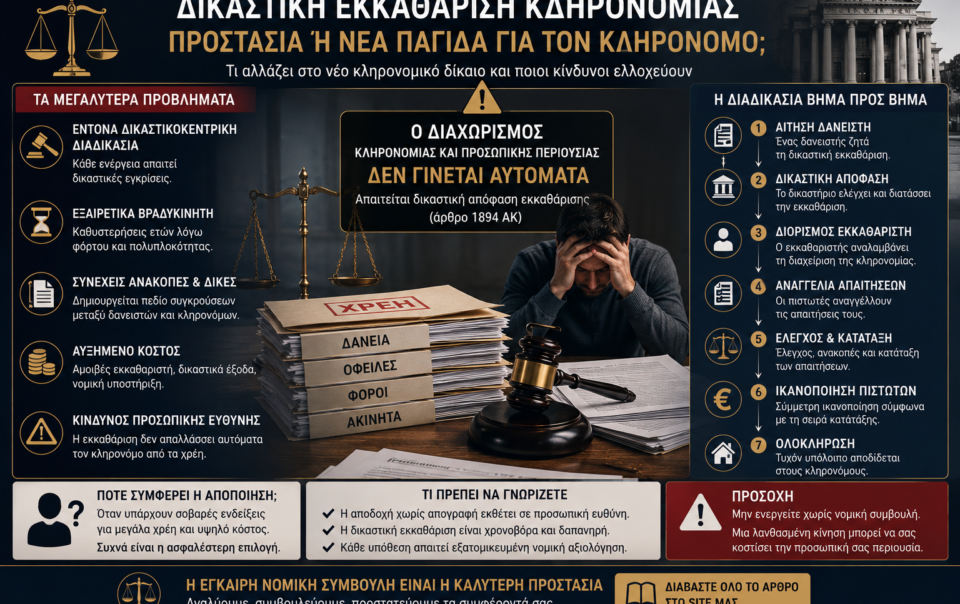 Δικαστική εκκαθάριση κληρονομίας με φακέλους χρεών, δικαστική σφραγίδα και κληρονόμο μπροστά σε δικαστήριο