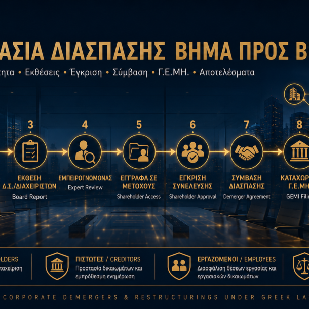 Διαδικασία απόσχισης κλάδου βήμα προς βήμα – σχέδιο διάσπασης, δημοσιότητα, εκθέσεις, εταιρική έγκριση, σύμβαση, Γ.Ε.ΜΗ. και καθολική διαδοχή