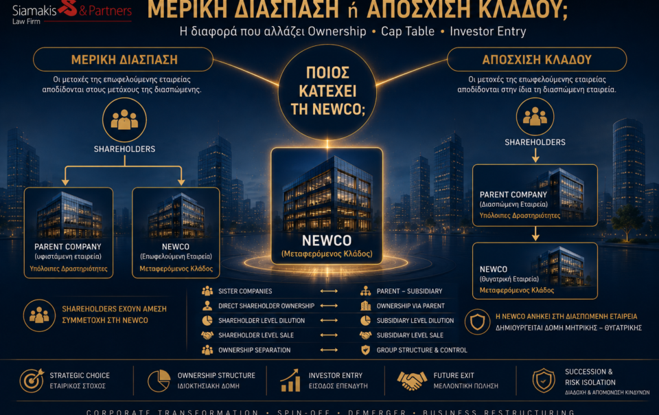 Μερική διάσπαση και απόσχιση κλάδου – σύγκριση ownership structure, cap table και κατανομής μετοχών σύμφωνα με τον ν. 4601/2019